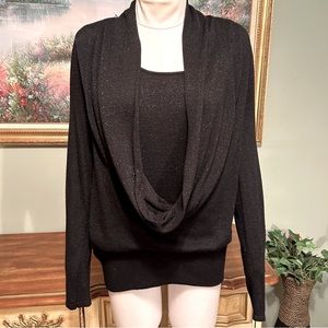 INC Black Metallic Cowl Draped Neck Sweater